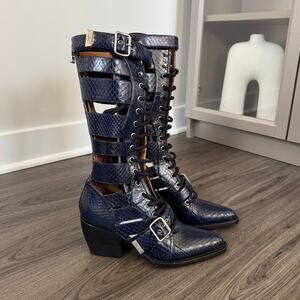 Chloe Riley Knee High Navy Leather Snakeskin Block Heeled Boots 37 NEW Bootie